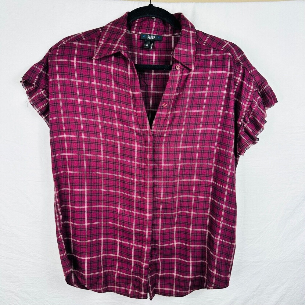 Paige plaid button down Women‎ short sleeve distressed ruffles shirt soft Red XS